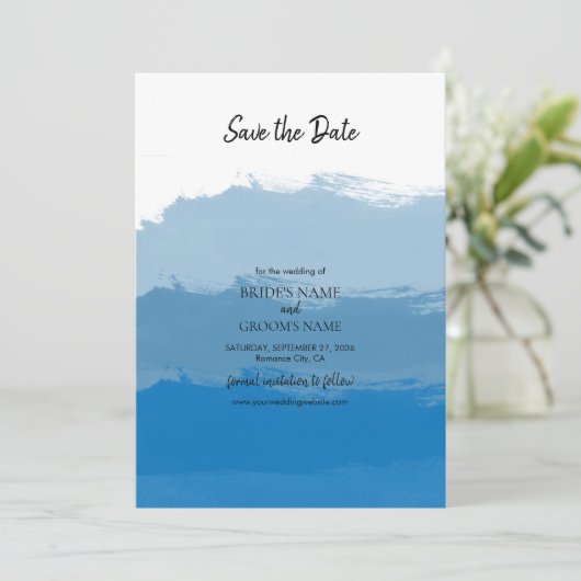 Beach Blue Waterverf Wedding Save The Date (Staand voorkant)