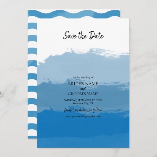 Beach Blue Waterverf Wedding Save The Date (Voorkant / Achterkant)
