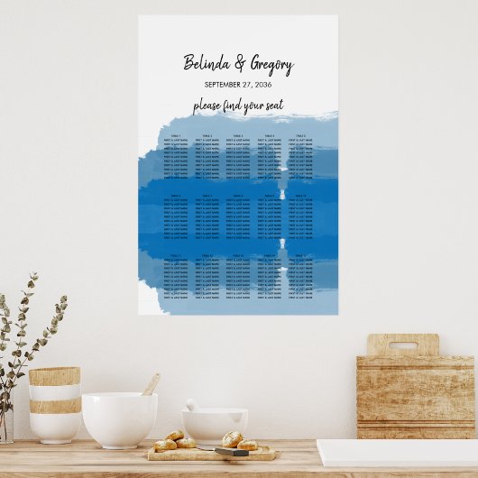 Beach Blue Waterverf Wedding Seating Chart Poster (Keuken)