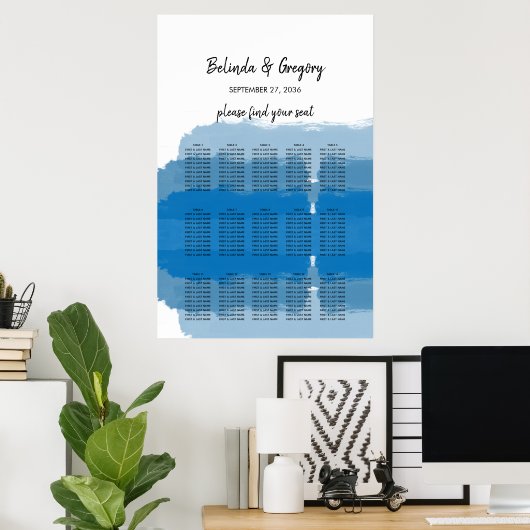 Beach Blue Waterverf Wedding Seating Chart Poster (Thuiskantoor)