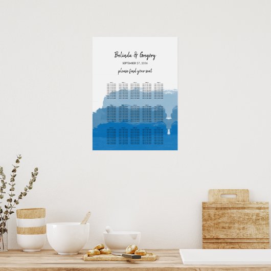 Beach Blue Waterverf Wedding Seating Chart Poster (Keuken)