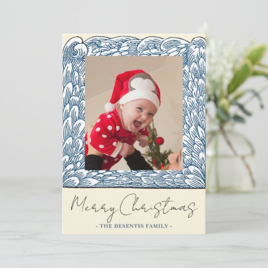Beach Blue Wave Lijst One Foto van Kerstmis Feestdagenkaart (Staand voorkant)