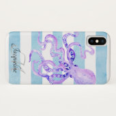 Beach Blue White Striped Waterverf Paars Octopus Case-Mate iPhone Case (Achterkant (horizontaal))