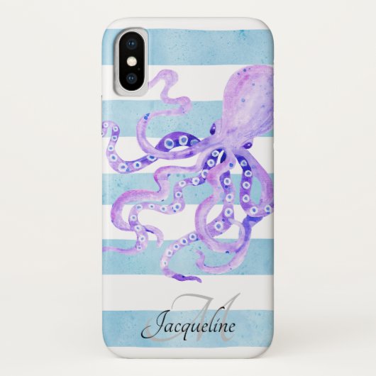 Beach Blue White Striped Waterverf Paars Octopus Case-Mate iPhone Case (Achterkant)