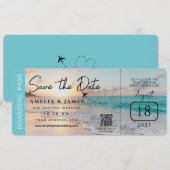 Beach Boarding Pass Save the Date bruiloft Kaart (Voorkant / Achterkant)