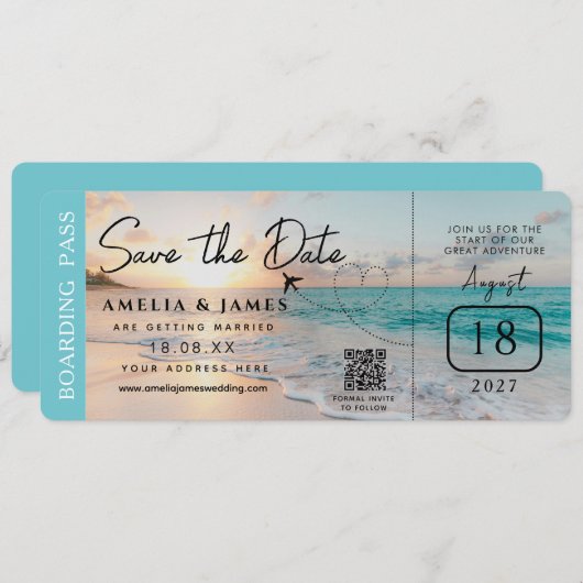 Beach Boarding Pass Save the Date bruiloft Kaart (Voorkant / Achterkant)