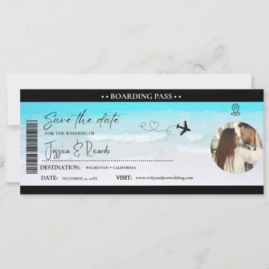 Beach Boarding pass ticket Bruiloft Save The Date (Voorkant)