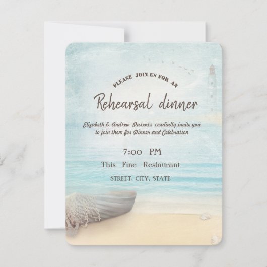 Beach Boat Lighthouse Rehearsal Dinner Kaart (Voorkant)