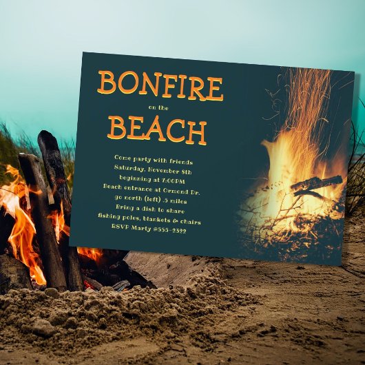Beach Bonfire Nighttime Party Invitation Kaart