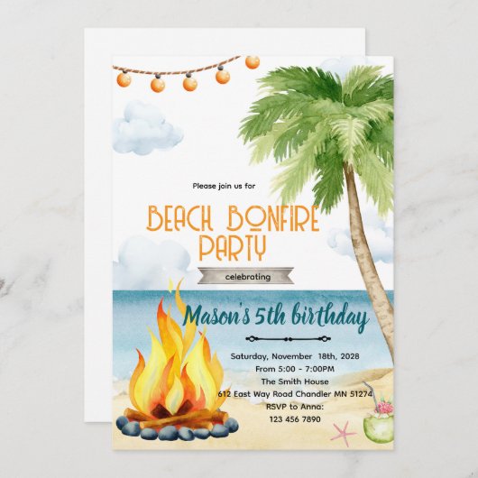Beach bonfire party theme invitation kaart (Voorkant / Achterkant)