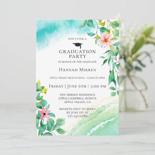 Beach Botanical Graduparty Invitation (Staand voorkant)