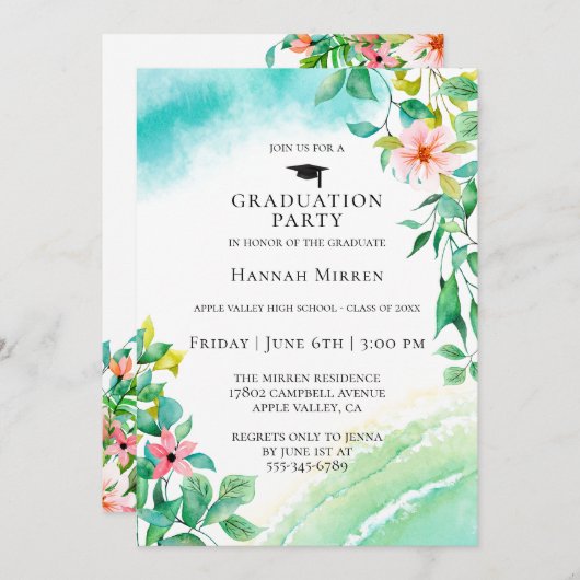 Beach Botanical Graduparty Invitation (Voorkant / Achterkant)