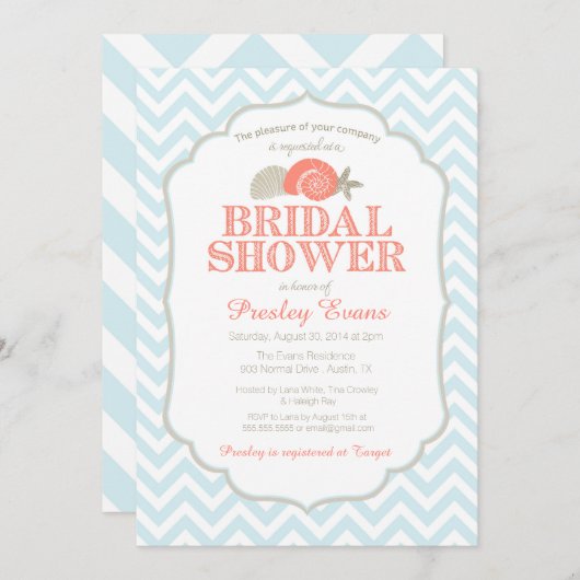 Beach Bridal Shower Invitation Nautical Shells Kaart (Voorkant / Achterkant)