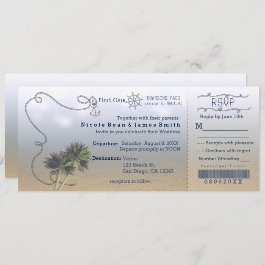 Beach Bruiloft Boarding Ticket Uitnodigingen. Kaart (Voorkant / Achterkant)
