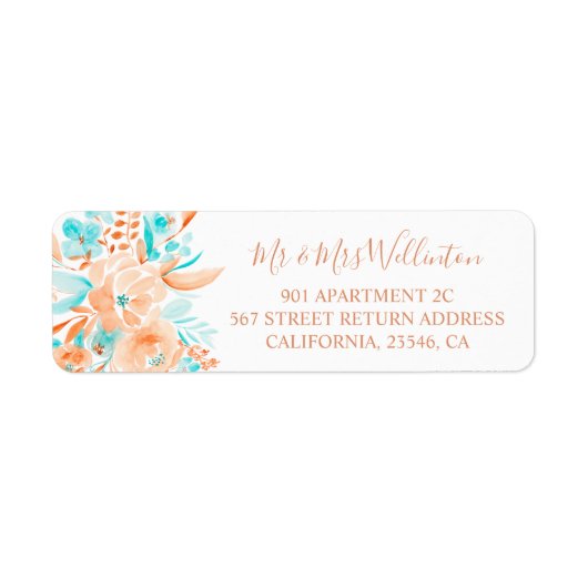 Beach bruiloft florale waterverf koraal blauwgroen etiket (Voorkant)