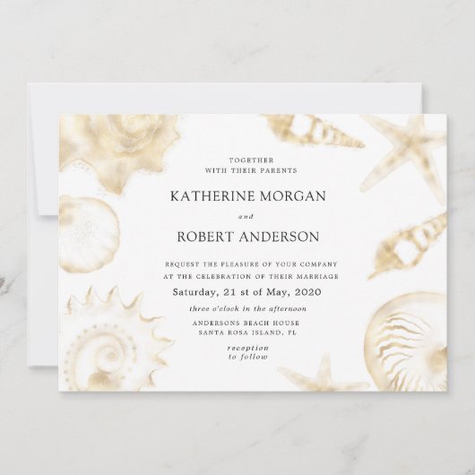 Beach bruiloft gouden blauwe bruiloft uitnodiging (Voorkant)