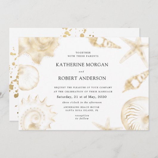 Beach bruiloft gouden blauwe bruiloft uitnodiging (Voorkant / Achterkant)