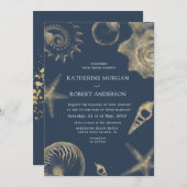 Beach bruiloft gouden blauwe bruiloft uitnodiging (Voorkant / Achterkant)