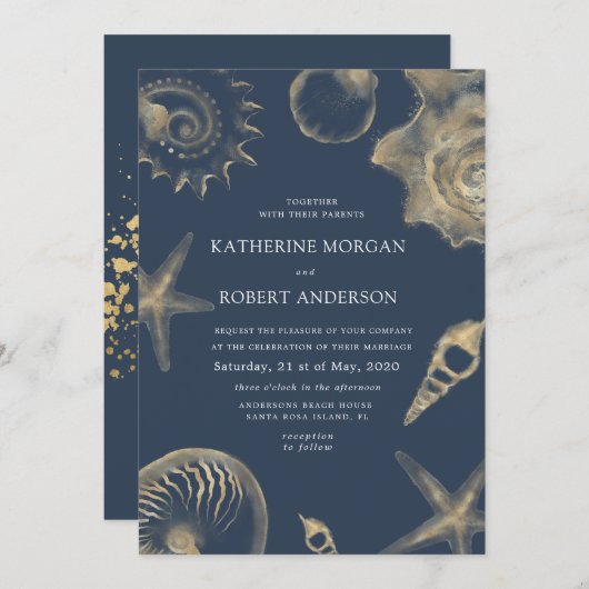 Beach bruiloft gouden blauwe bruiloft uitnodiging (Voorkant / Achterkant)