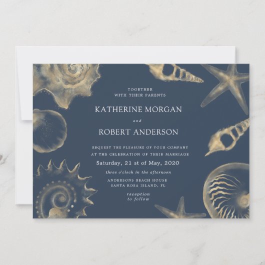 Beach bruiloft gouden blauwe bruiloft uitnodiging (Voorkant)