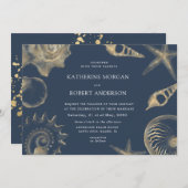 Beach bruiloft gouden blauwe bruiloft uitnodiging (Voorkant / Achterkant)