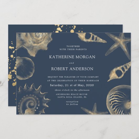 Beach bruiloft gouden blauwe bruiloft uitnodiging (Voorkant / Achterkant)