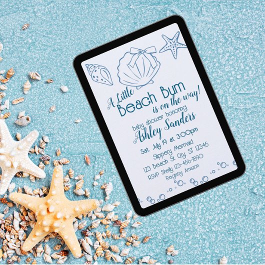 Beach Bum on the Way, Blue Seashells Baby Shower Kaart