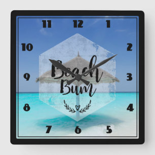 Beach Bum Typography - Umbrella on Tropical Beach Vierkante Klok