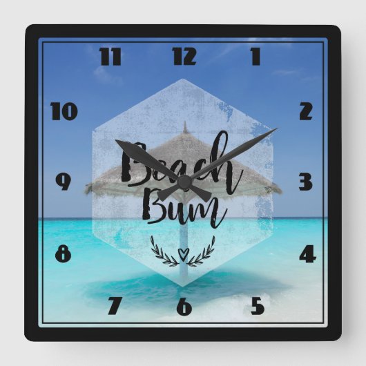 Beach Bum Typography - Umbrella on Tropical Beach Vierkante Klok (Voorkant)