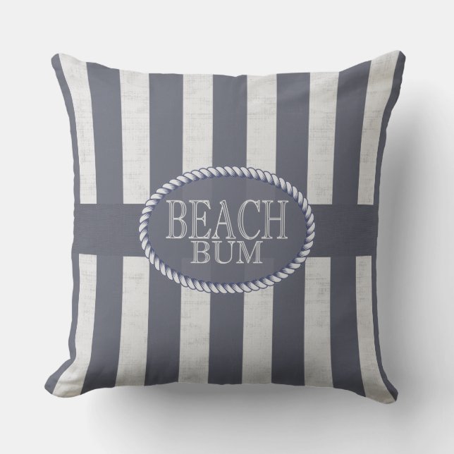 Beach Bum Zeeen the Day Blue and White Nautical Buitenkussen (Voorkant)