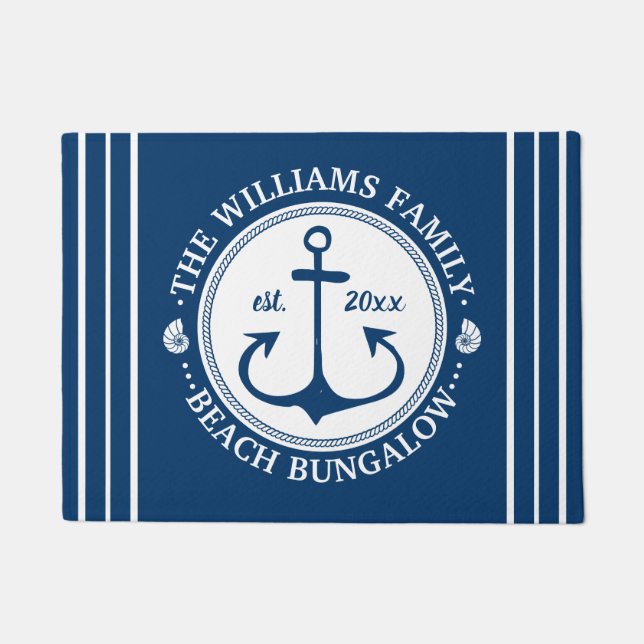 Beach Bungalow | Nautical Navy Anchor Custom Name Deurmat (Voorkant)
