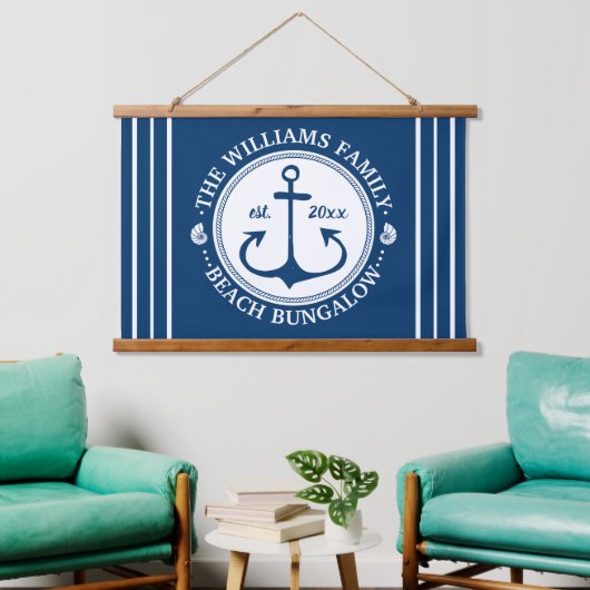 Beach Bungalow | Nautical Navy Anchor Custom Name Hangend Wandkleed (Woonkamer)