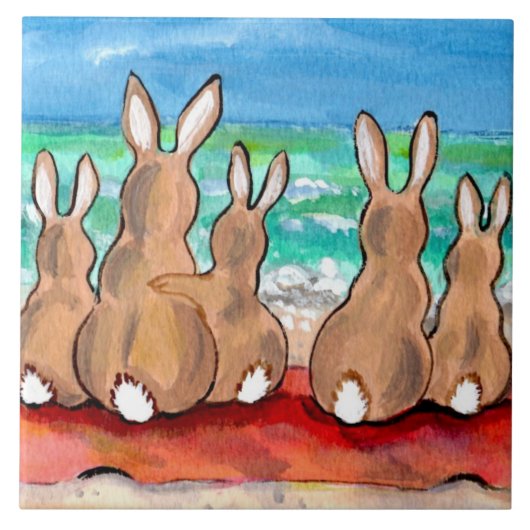 Beach Bunnies Family on Blanket 6" Tile Trivet Tegeltje (Voorkant)