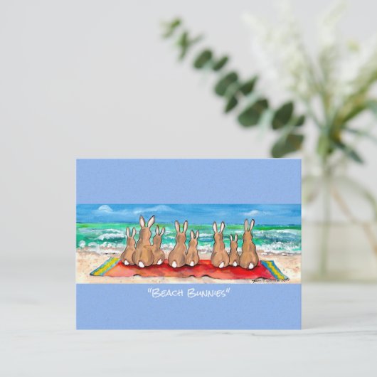 Beach Bunnies Rabbit Vacation Waterverf Art Post Briefkaart (Staand voorkant)