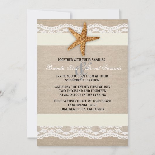 Beach Burlap Lace Wedding Invitation Kaart (Voorkant)