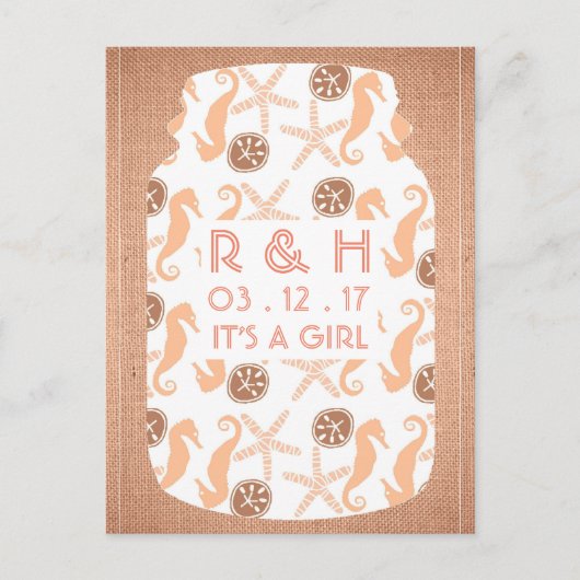 Beach Burlap Mason Jar Baby kondiging Aankondigingskaart (Voorkant)