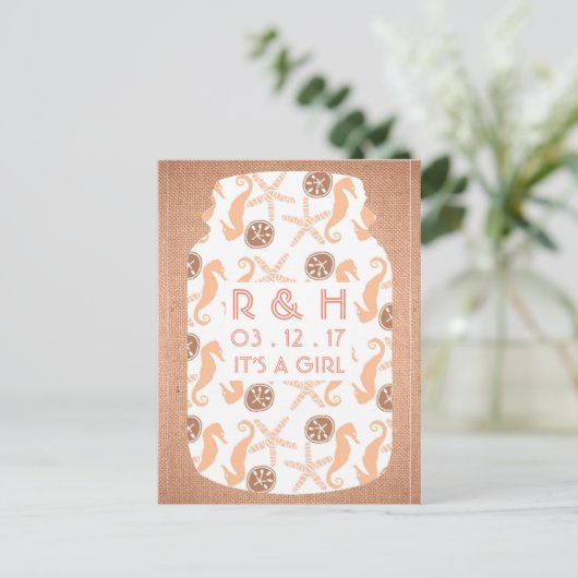 Beach Burlap Mason Jar Baby kondiging Aankondigingskaart (Staand voorkant)