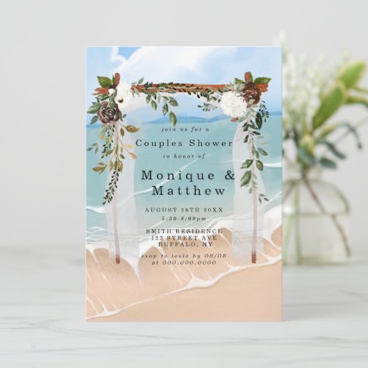 Beach Canopy Marsala Floral Couples Shower Invites (Staand voorkant)