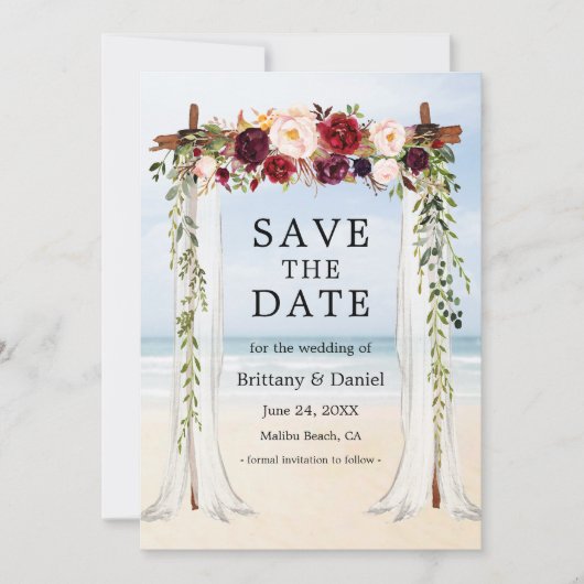 Beach Canopy Waterverf Burgundy Floral Save The Date (Voorkant)
