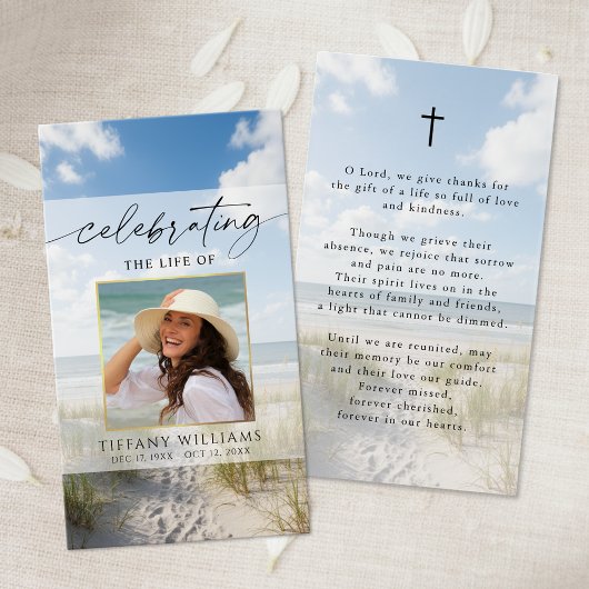 Beach Celebrating the Life Modern Prayer Card Visitekaartje
