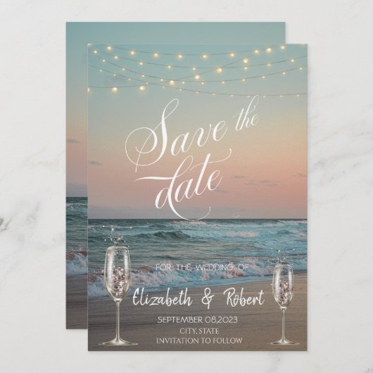Beach Champagne Glass Save the Date (Voorkant / Achterkant)