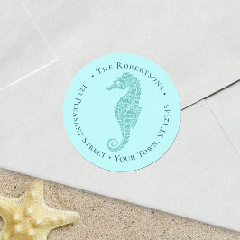 Beach Christmas Seahorse Aqua Round Retouradres Ronde Sticker