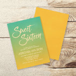Beach Citrus Gradient Sweet 16 Birthday Invitation Kaart<br><div class="desc">Deze citruszoete 16 uitnodiging bevat een groene en lichte oranje gradiëntachtergrond met een subtiele grijs/wethered look naar de achtergrond en het woord "Sweet Sixteen" in een trendy penseelscriptlettertype. De levendige kleuren van citrusvruchten maken dit een geweldige uitnodiging voor een zestienjarig zomerfeest of strandzoet. Pas deze uitnodiging door de placeholder tekst...</div>