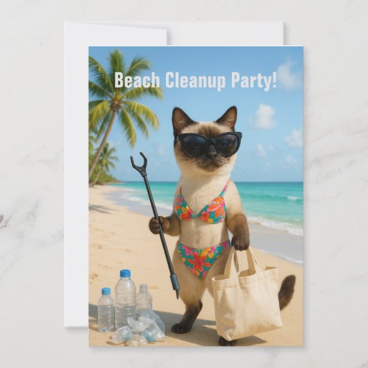 Beach Cleanup Party with cat lovers Invitation Kaart (Voorkant)
