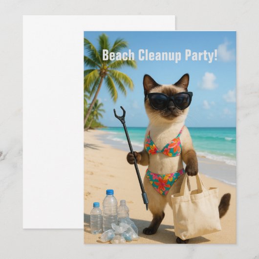 Beach Cleanup Party with cat lovers Invitation Kaart (Voorkant / Achterkant)