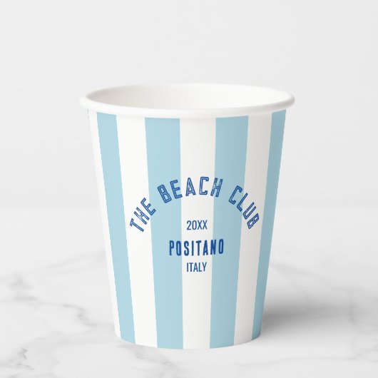 Beach Club Crest Blue Cabana Stripe Papieren Bekers (Voorkant)