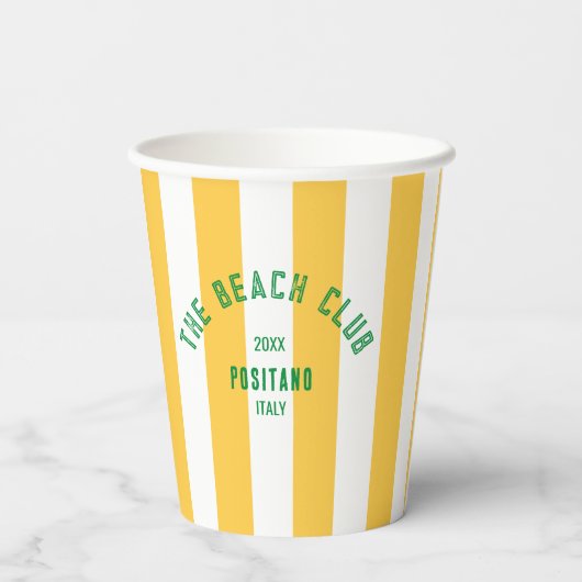 Beach Club Crest Gele Cabana Streep Monogram Papieren Bekers (Achterkant)