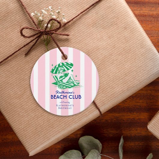 Beach Club Pink Cabana Stripe Verjaardagsfeest Bedankjes Labels
