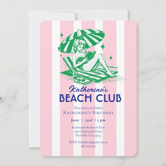 Beach Club Pink Cabana Stripe Verjaardagsfeest Kaart (Voorkant)