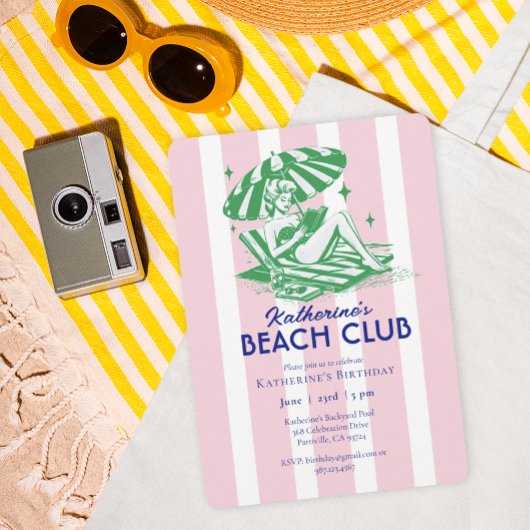 Beach Club Pink Cabana Stripe Verjaardagsfeest Kaart